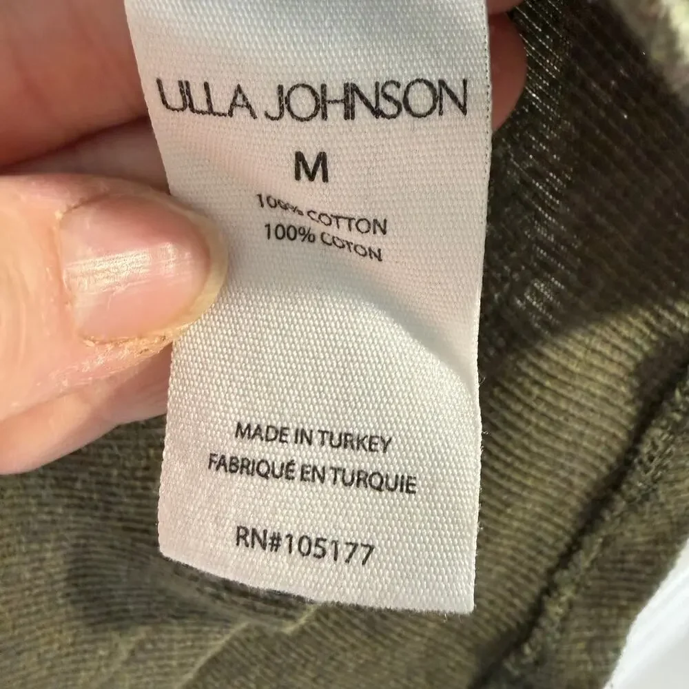 Ulla Johnson Womens M Olive Green Puff Sleeve Cotton Ribbed Top SS 2022